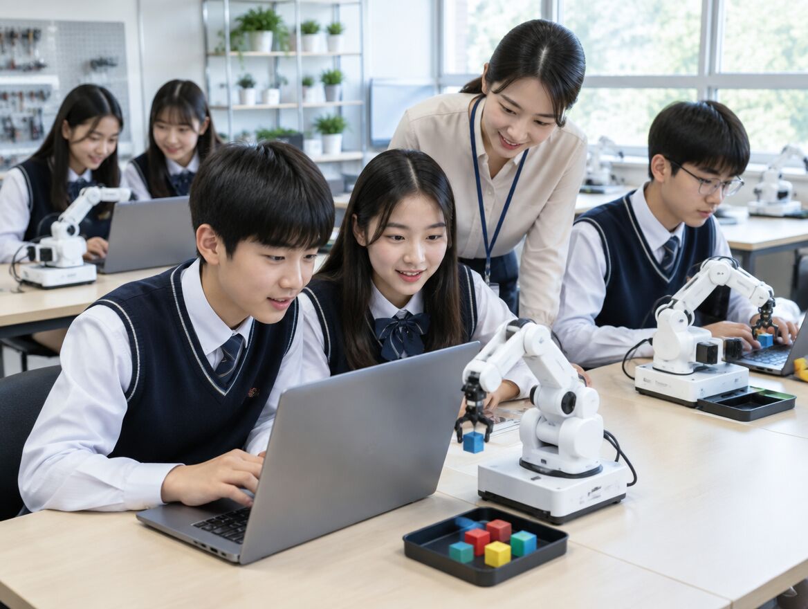 학생들이 노트북으로 로봇 팔을 코딩하는 모습
