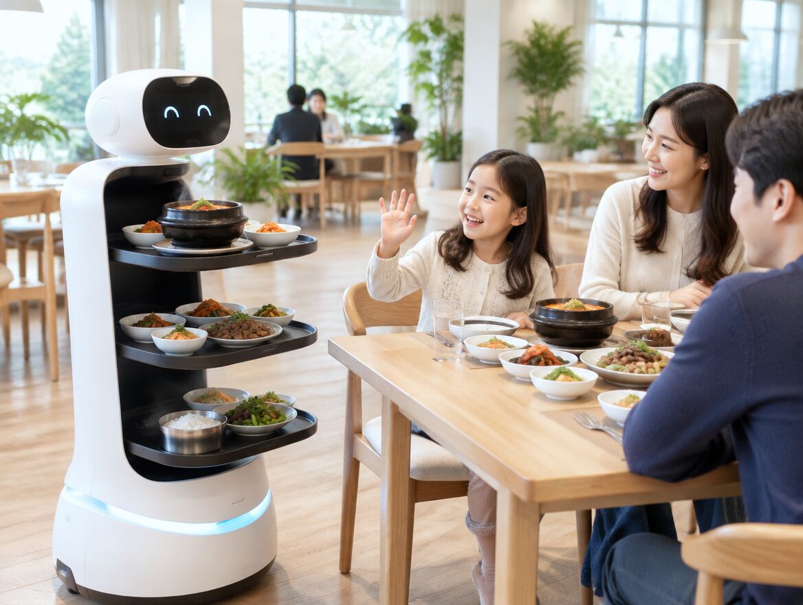서빙 로봇이 가족에게 음식을 전달하는 모습